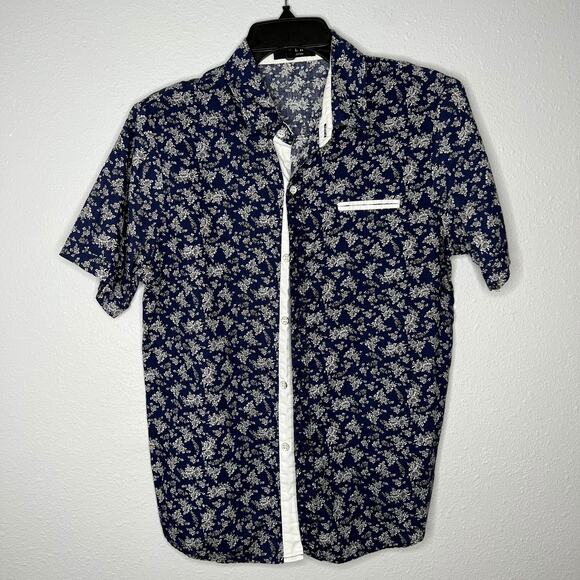 SSLR Men's Collection Blue Collared White Floral Button-Up  Shirt  Size S - Picture 1 of 5